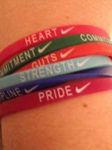 Heart, Commitment, Gut, Strength, Discipline, and Pride. I need one that says Joy. I'll be wearing these until the Brooklyn Half as a reminder of what it will take to run well. (c) Stacey Cooper